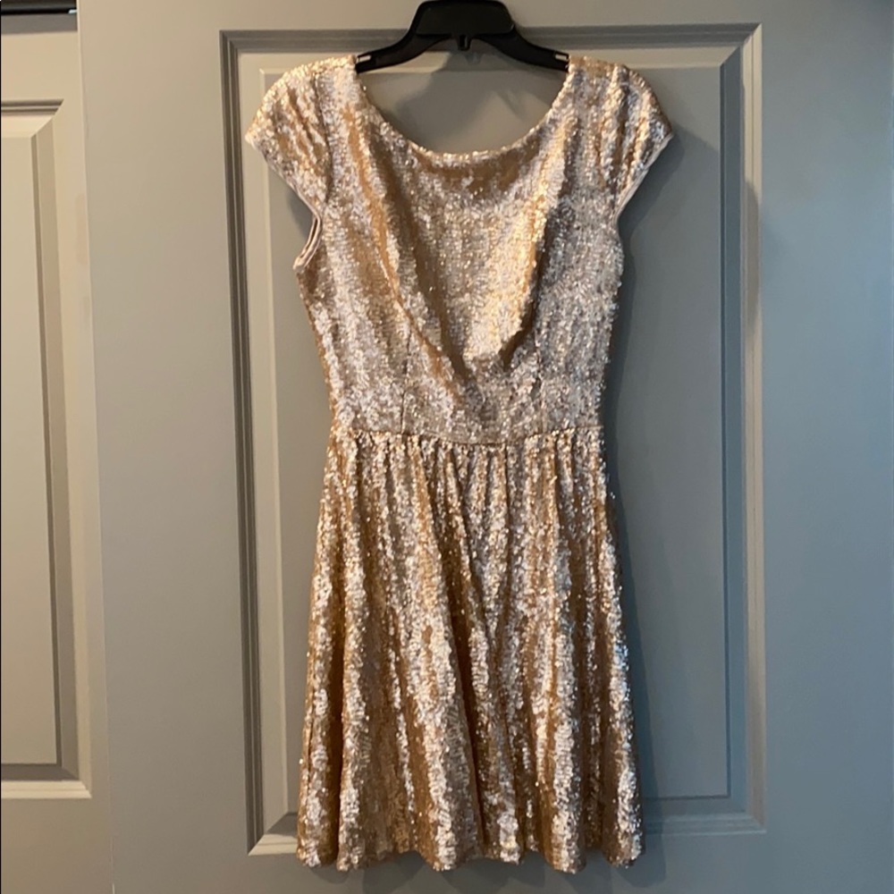 Gold Sequin Cocktail Fit & Flare Dress 7/8